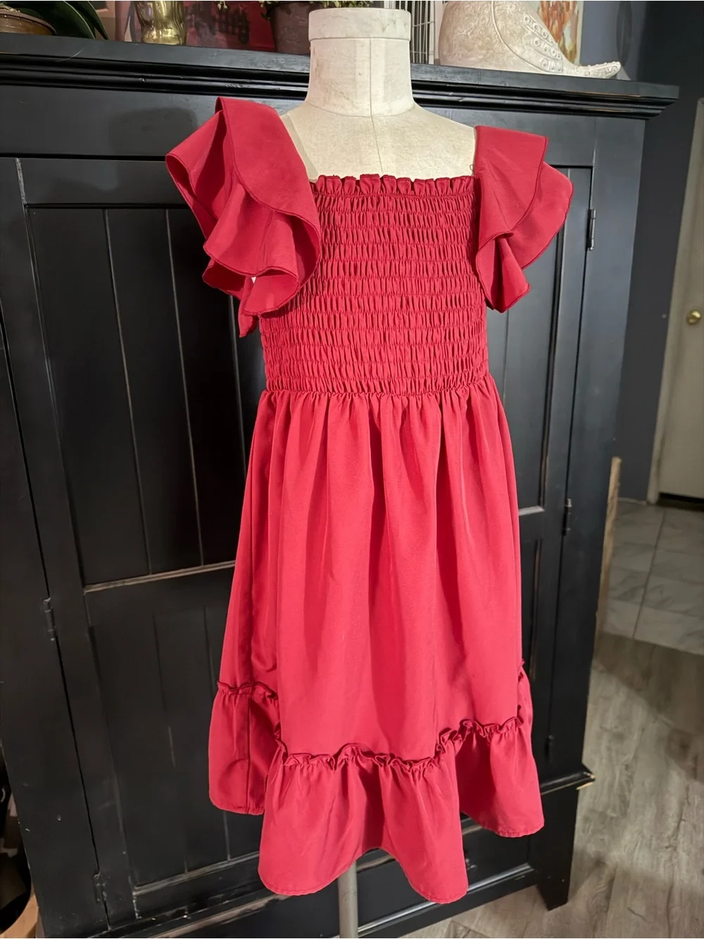 Girls Red Ruffle Sleeve Smocked Dress